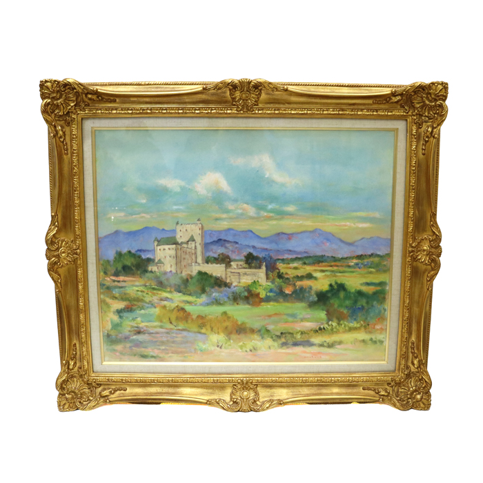 【セール価格】網谷義郎(あみたによしろう) 「城が見える」フランスドルドーニュ地方 風景 油彩 油絵 額縁付き