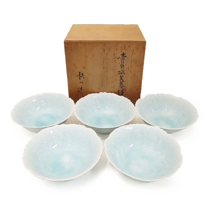 青白磁芙蓉鉢 快山造 5枚セット お皿 食器 共箱付き ブルー ホワイト