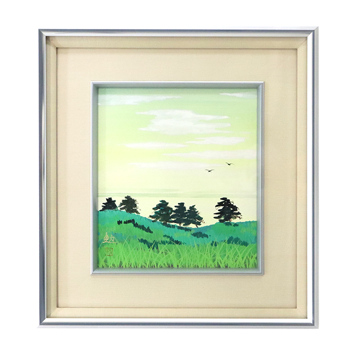 勉(つとむ) 松ノ木 色紙画 風景画 日本画 額縁 箱付き