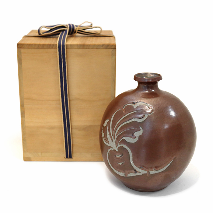 市野弘之(いちの ひろゆき) 丹波焼 扁壺 花瓶 花器 花入れ 延年窯 共箱付き ブラウン