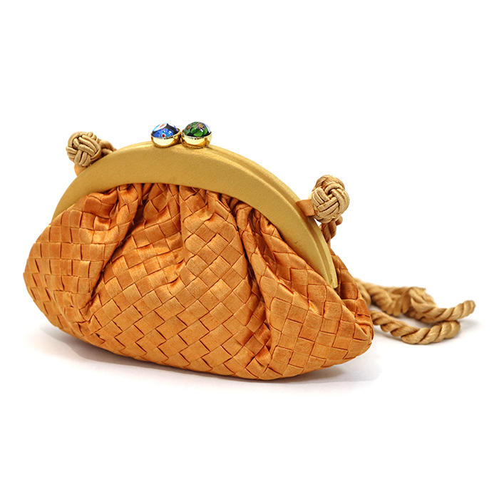 ボッテガヴェネタ(BOTTEGA VENETA) ミニショルダーバッグ サテン イントレチャート 編み込み がま口 オレンジ