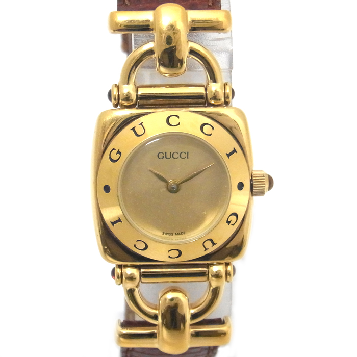 グッチ(GUCCI) レディース腕時計 6300L ホースビット 茶革ベルト クォーツ ゴールド文字盤
